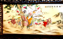 红木透雕瓷画掛屏